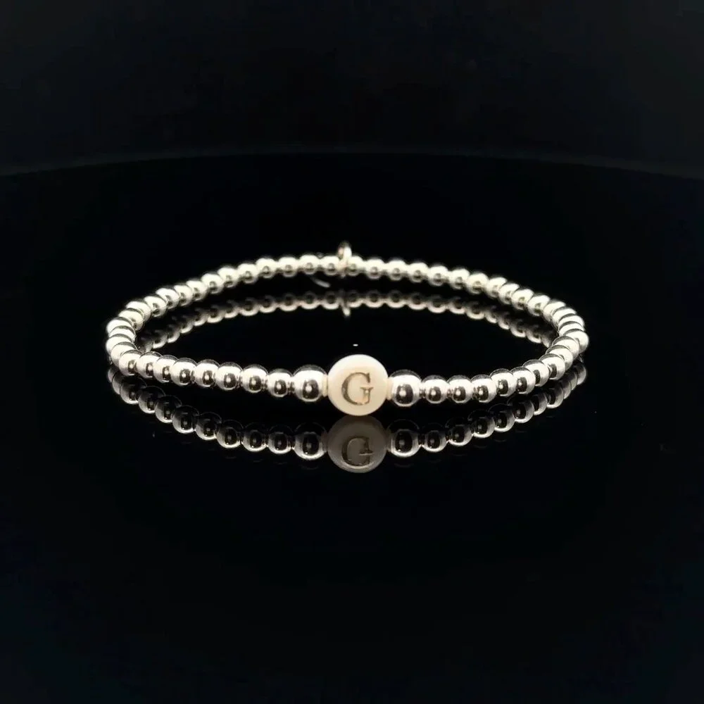 925 Sterling Silver Beaded Stretch Stacking Bracelet MOP Letter Initial G - Picture 1 of 6